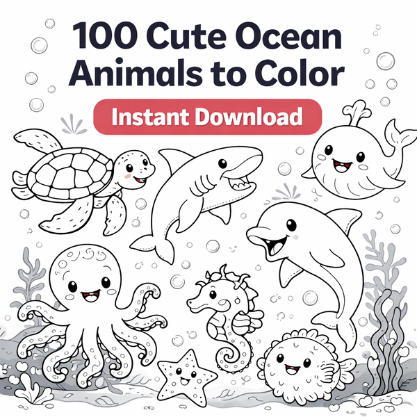 100 Cute Ocean Animals Coloring Pages for Kids - Instant PDF Download