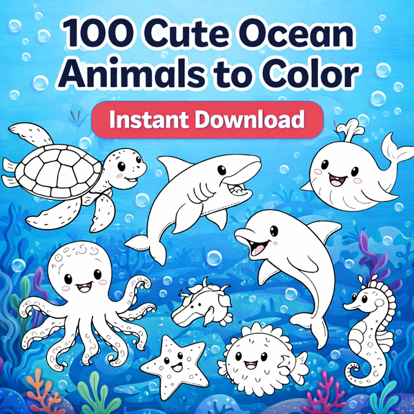 100 Cute Ocean Animals Coloring Pages for Kids - Instant PDF Download