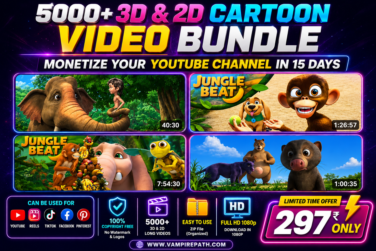 3D CARTOONS LONG VIDEO REELS BUNDLE