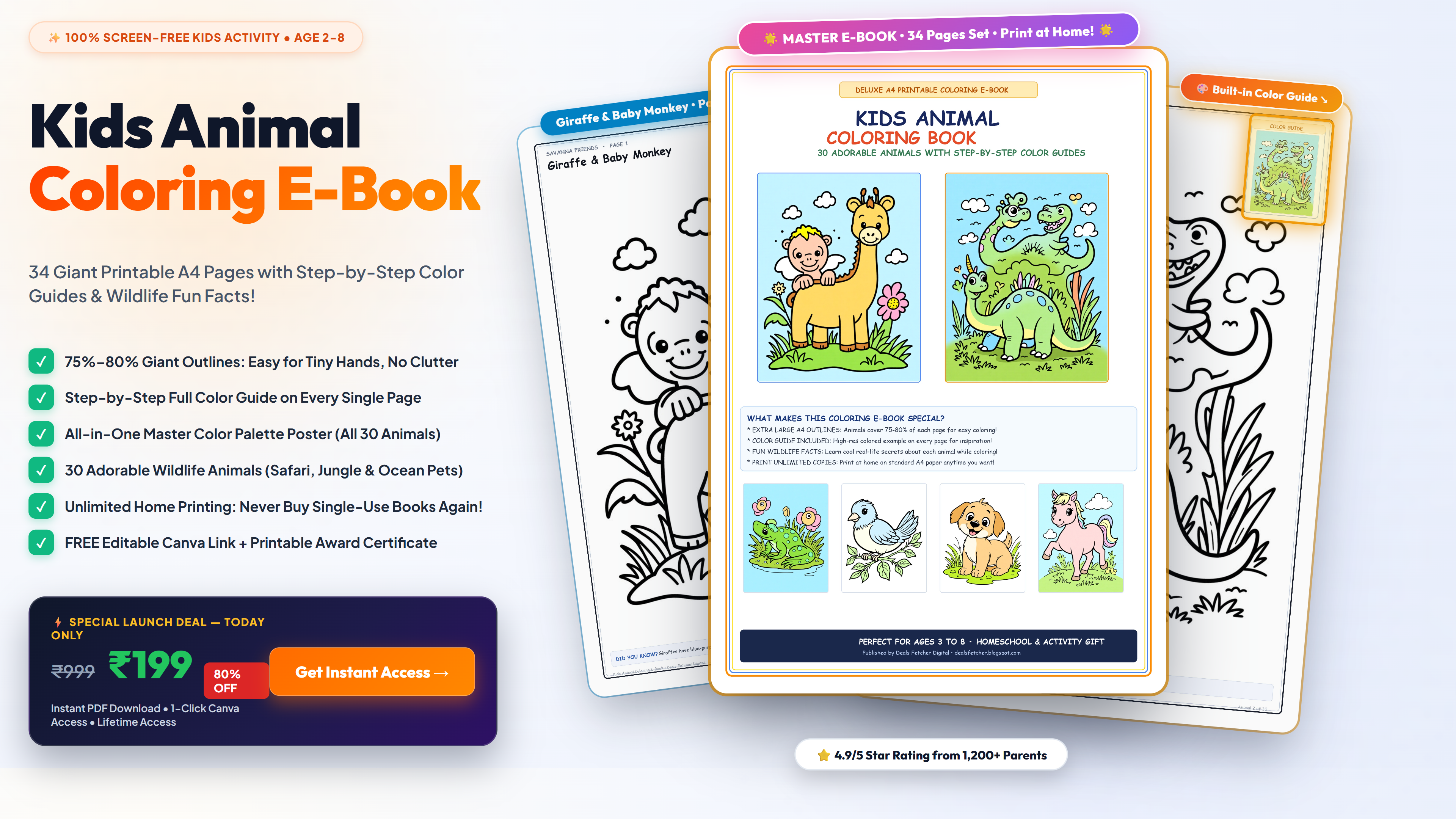 Deluxe 34-Page Kids Animal Coloring Book with Master Color Guide