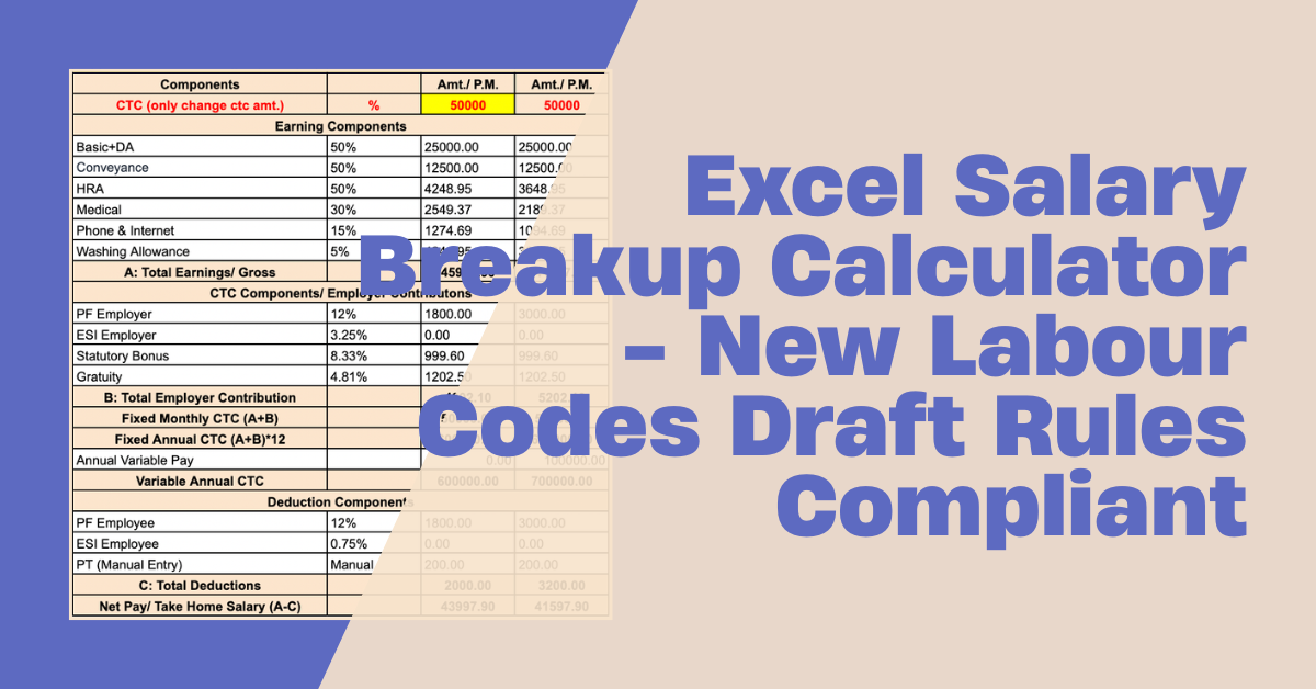 Excel Salary Breakup Calculator - New Labour Codes Rules Compliant