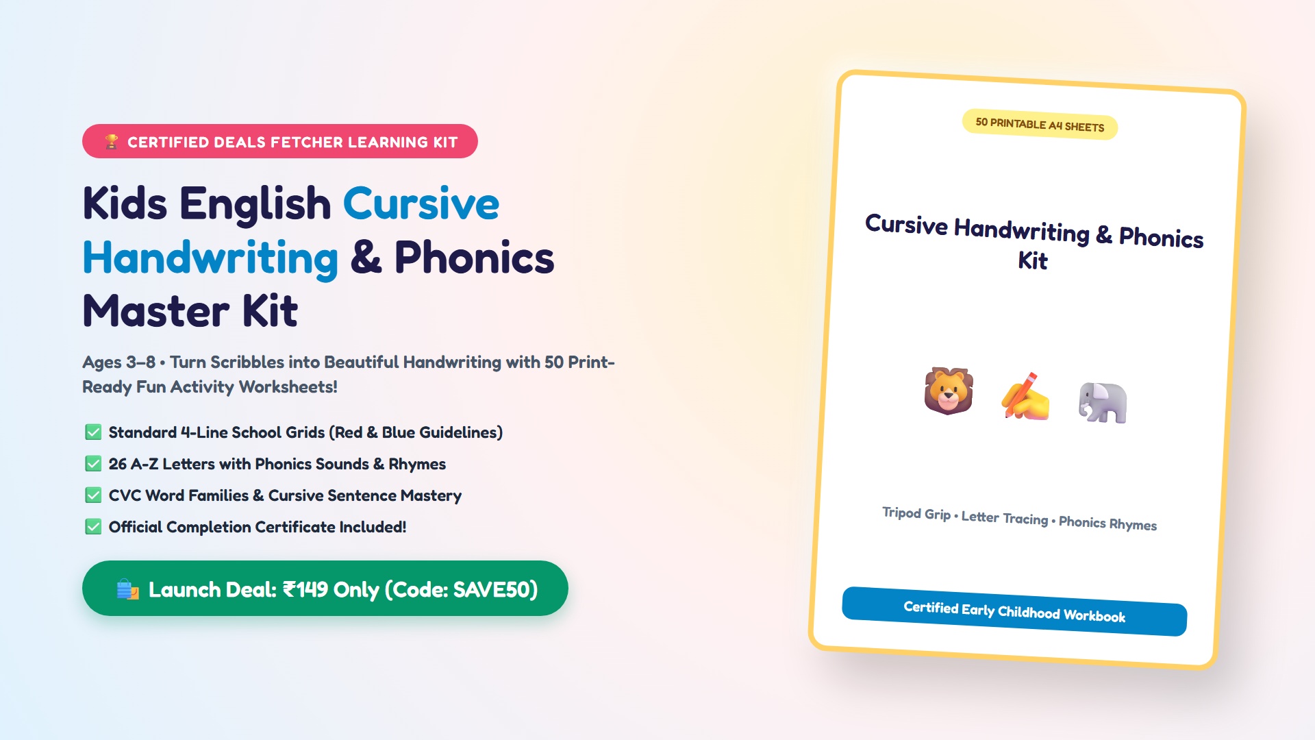 Kids English Cursive Handwriting & Phonics Master Kit (65-Page Ultimate Master Edition)